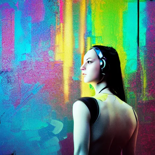 Prompt: portrait of techno cyberpunk girl in fron of abstract background photorealistic