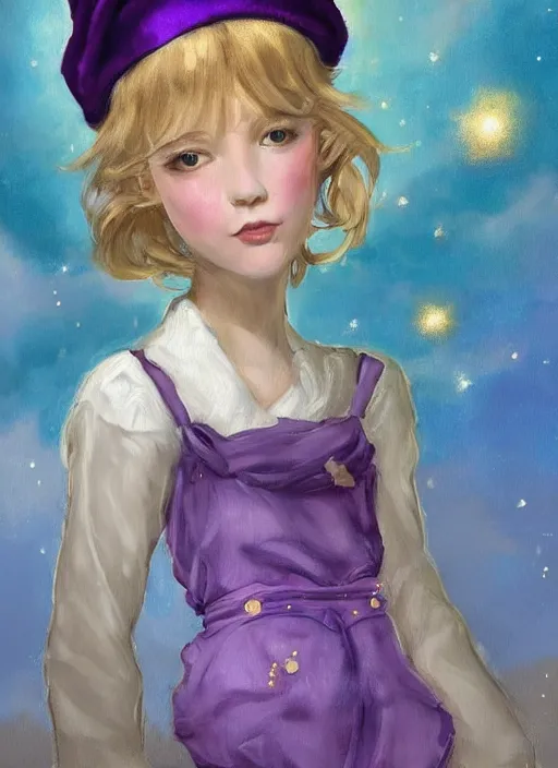 Image similar to A painting of a beautiful and mysterious young girl with short blond hair wearing an oversized purple Beret, Baggy Purple overall shorts, Short Puffy pants made of silk, silk shoes, a big billowy scarf, Golden Ribbon, and white leggings Covered in stars. Short Hair. Sunlit. Haute Couture. Dreamlike. Cloudscape. Fantasy Illustration. Art by william-adolphe bouguereau and Alexandre Cabanel and Anna Dittmann and WLOP and Artgerm and Johannes Helgeson. Smooth. Elegant. Highly Detailed. Intricate. Realistic fantasy illustration. 4K. UHD. Denoise.