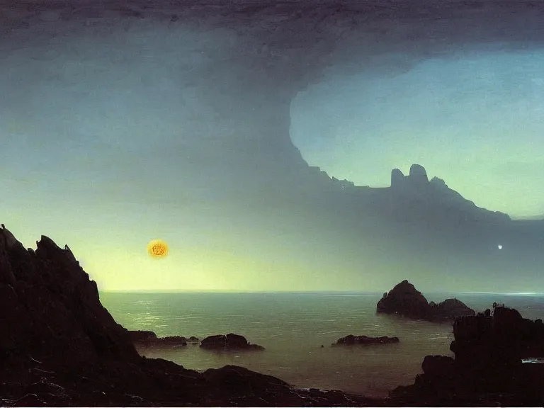 Image similar to an oil painting of an alien planet and the coastline of a black ocean at dawn, beautiful sky by beksinski carl spitzweg and tuomas korpi. baroque elements, full-length view. baroque element. intricate artwork by caravaggio. Trending on artstation. 8k