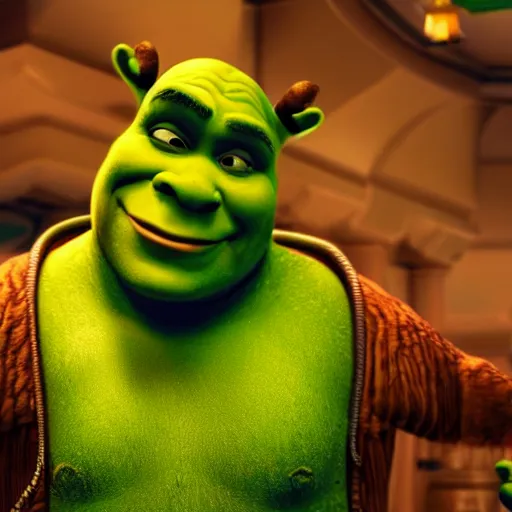 Image similar to shrek living the good life in las vegas, cinematic, photorealism, 4 k, highly detailed