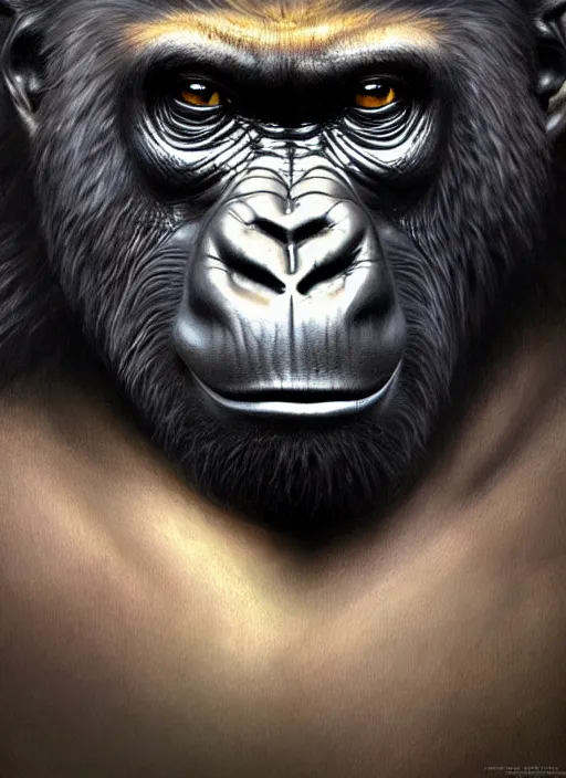 Prompt: gorilla, male, primal, portrait, intricate, highly detailed, digital painting, artstation, concept art, wallpaper, smooth, sharp focus, illustration, art by artgerm and greg rutkowski and alphonse mucha