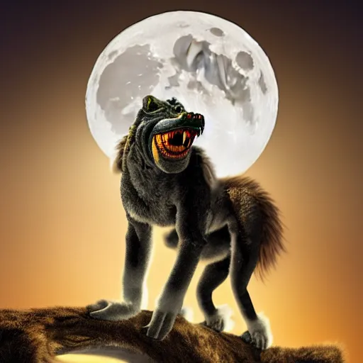 Image similar to Furred chimera with crocodile's body and a wolve's head, concept art, illuminated by full moon, professional photoshop artwork, highly detailed