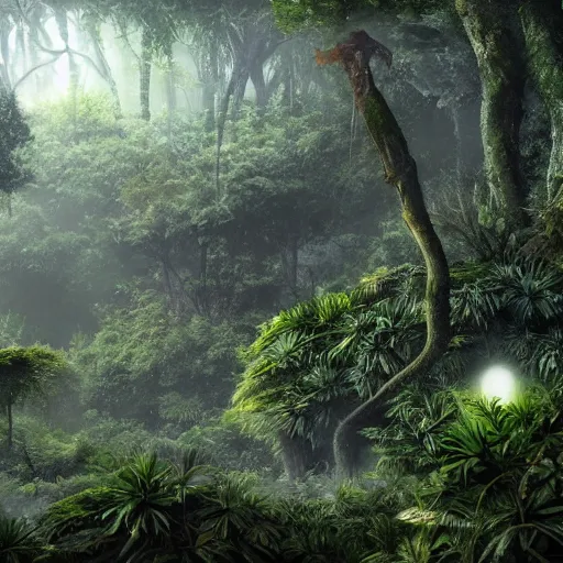 Image similar to A realistic detailed photo of a futuristic jungle, alien plants, grey sky, hidden animals, some fallen trees, foggy landscape, light particles, detailed light, realistic shaders, trending on artisation, detailed textures, detailed, realistic