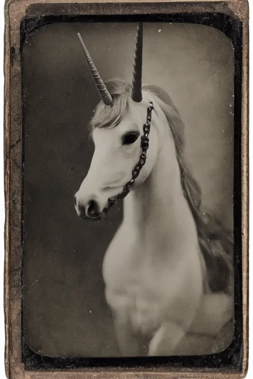 Prompt: a tintype photograph of a unicorn