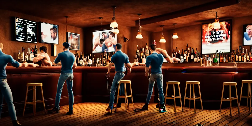 Prompt: a photo of a bar fight inside a pub between good looking people, Leica, symmetrical faces, muscles, detailed faces, accurate faces, 4k, 3D render, hyperrealism, editorial, photorealistic, crisp details, sharp focus, wide angle lens, octane render, cinematic lighting