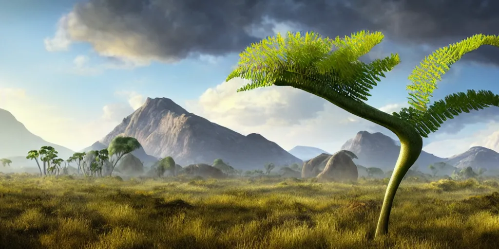 Image similar to a prehistoric fern savanna, a sauropod neck in the background, mountains, clouds, volumetric lighting, hazy, washed out, an award winning digital render, beautiful, ultradetailed, hyperrealistic, great composition