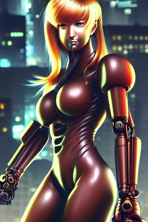 Image similar to 3 / 4 portrait of samus aran, kowloon cyberpunk cityscape, biomechanical oppai, rain, dark science fiction, by artgerm and clay mann and sorayama and alphonse mucha, trending on artstation, octane render