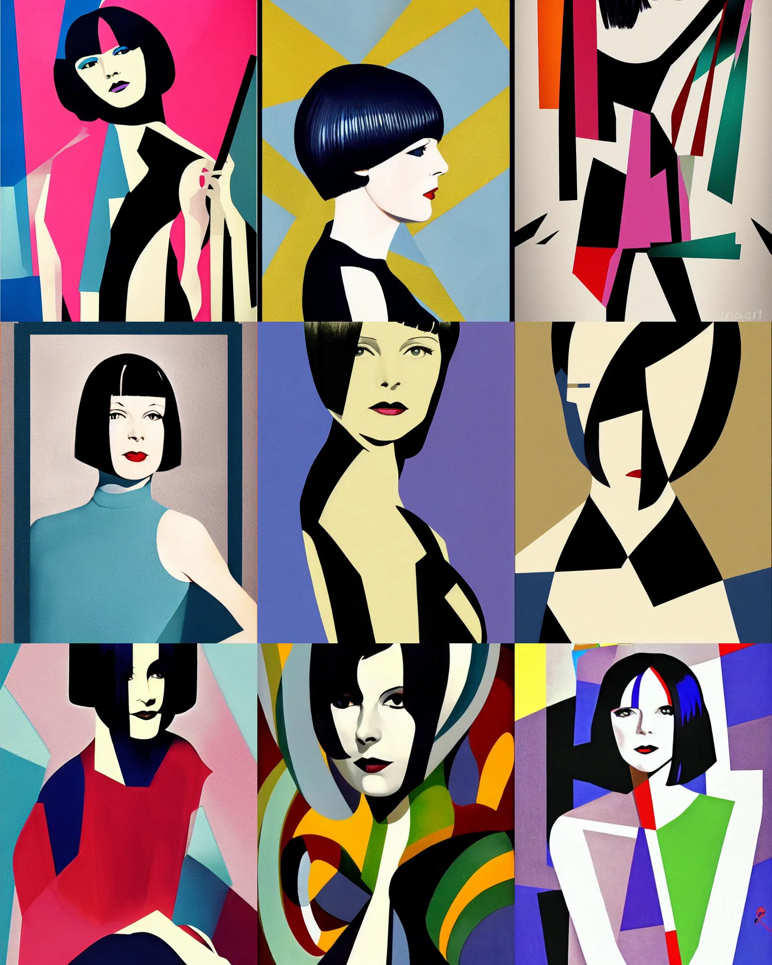 Prompt: full length portrait of mary louise brooks, shiny bob haircut, dramatic light, abstract art deco geometric shapes background, 3 colour print, high contrast, sharp, painted by stanley lau,, painted by stanley artgerm,, painted by patrick nagel