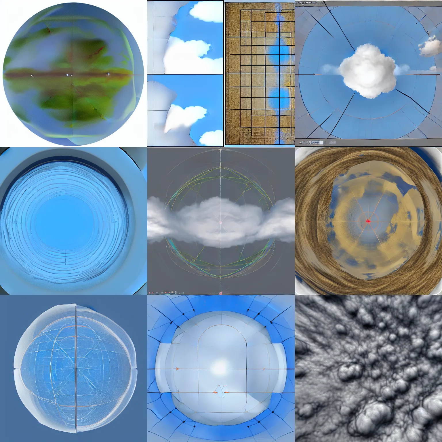 Prompt: hemispherical coordinate mapping of the sky with big cumulonimbus clouds from the ground level, looking up, no UI, no crosshair lines