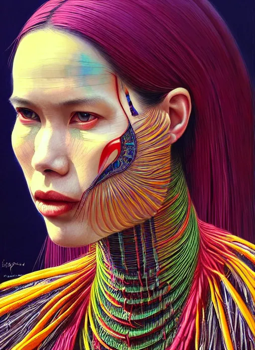 Image similar to portrait of catriona balfe as a long - neck kayan woman, hyper detailed ultra sharp trending on artstation, warpaint aesthetic, colorful, psychedelic, ornate, intricate, digital painting, concept art, smooth, sharp focus, illustration, art by artgerm and greg rutkowski and h. r. giger, 8 k