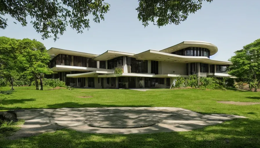 Prompt: modern house with trees in courtyard and big entrance, tibetan inspired architecture, on a green hill, frank lloyd wright, photorealistic, drone view