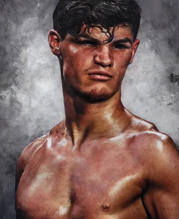 Image similar to portrait of a handsome young spanish boxer, art by denys tsiperko and bogdan rezunenko, hyperrealism