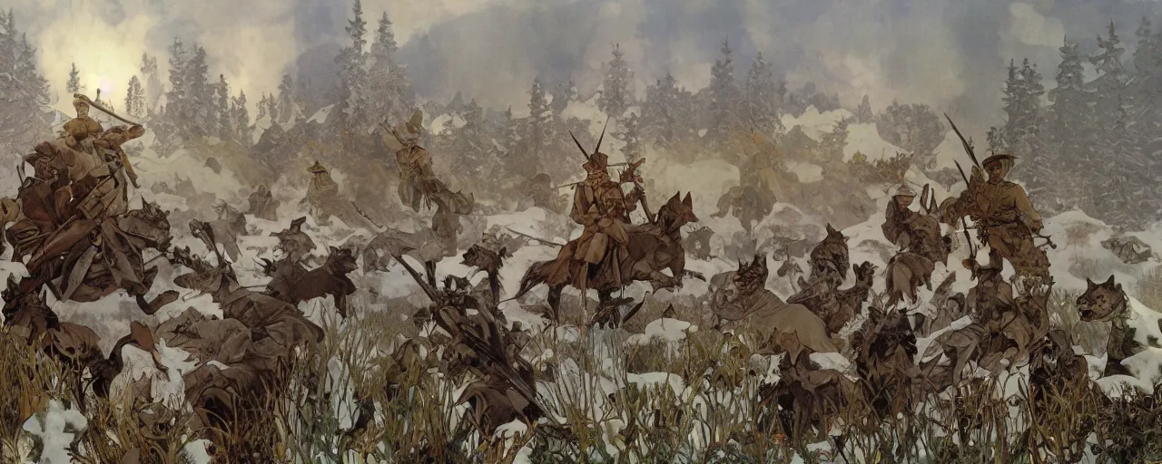 Prompt: soldiers with russian cats and long woolen coats in battle with undead monsters in tundra between pine trees, digital painting by salvador dali and alphonse mucha, volumetric lighting, concept art, artstation, 8 k