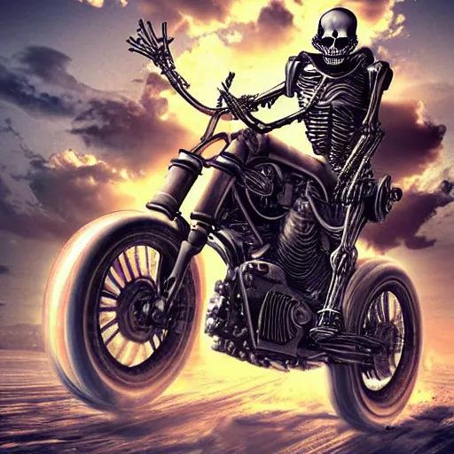 Prompt: A robotic skeleton riding a badass motorcycle in Hell, Digital art, Epic, Cinematic