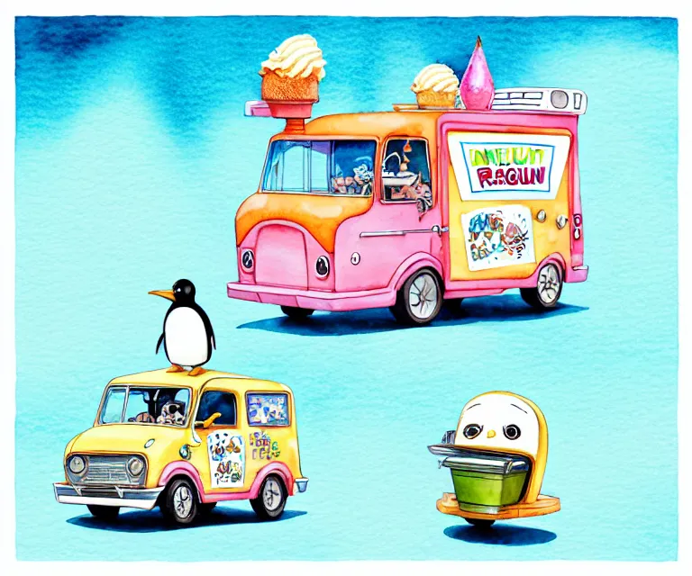 Prompt: cute and funny, penguin riding in a tiny ice cream truck with an oversized engine, ratfink style by ed roth, centered award winning watercolor pen illustration, isometric illustration by chihiro iwasaki, edited by range murata, tiny details by artgerm and watercolor girl, symmetrically isometrically centered, sharply focused