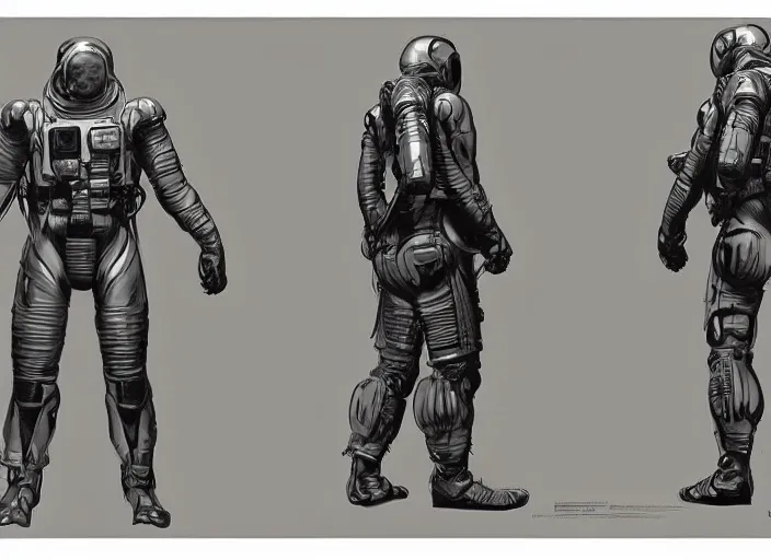 Prompt: front and back character view of Astronaut from Metal Gear Solid by Donato Giancola, Trending on artstation and pixiv clean concept art and sheet