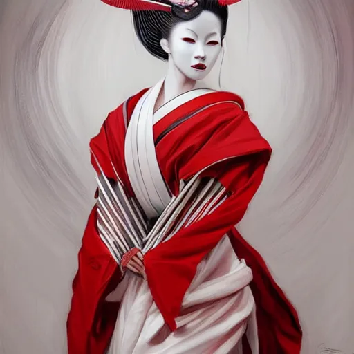 Prompt: A stunning painting of a beautiful albino geisha , red and white by Andrews Esao, fantasy, Trending on artstation.