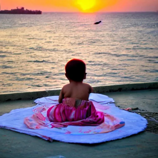 Image similar to a young baby girl sitting in mumbai watching the sunset