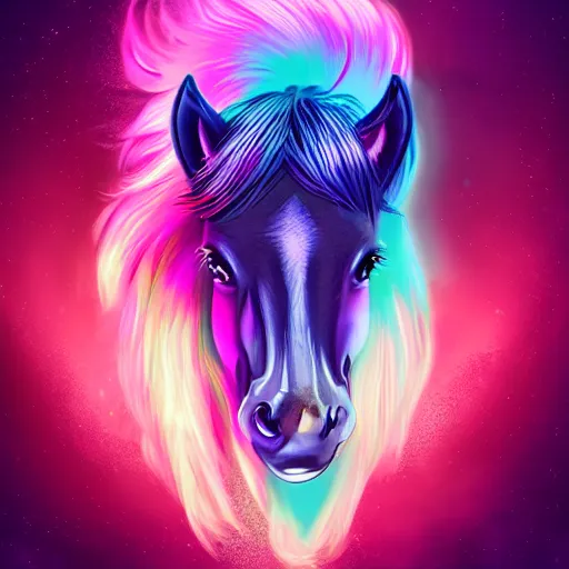 Prompt: digital pony, retrowave palette, highly detailed, anatomically correct equine, synth feel, smooth face, ear floof, flowing mane, no reins, super realism, accurate animal imagery, 4 k digital art