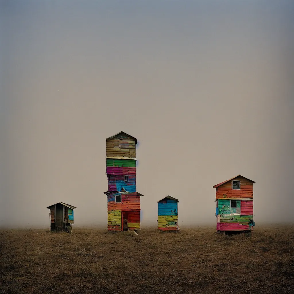 Image similar to two towers, made up of colourful stacked makeshift squatter shacks, bleached colours, plain uniform sky at the back, misty, mamiya, f 1. 8, ultra sharp, very detailed, photographed by julie blackmon