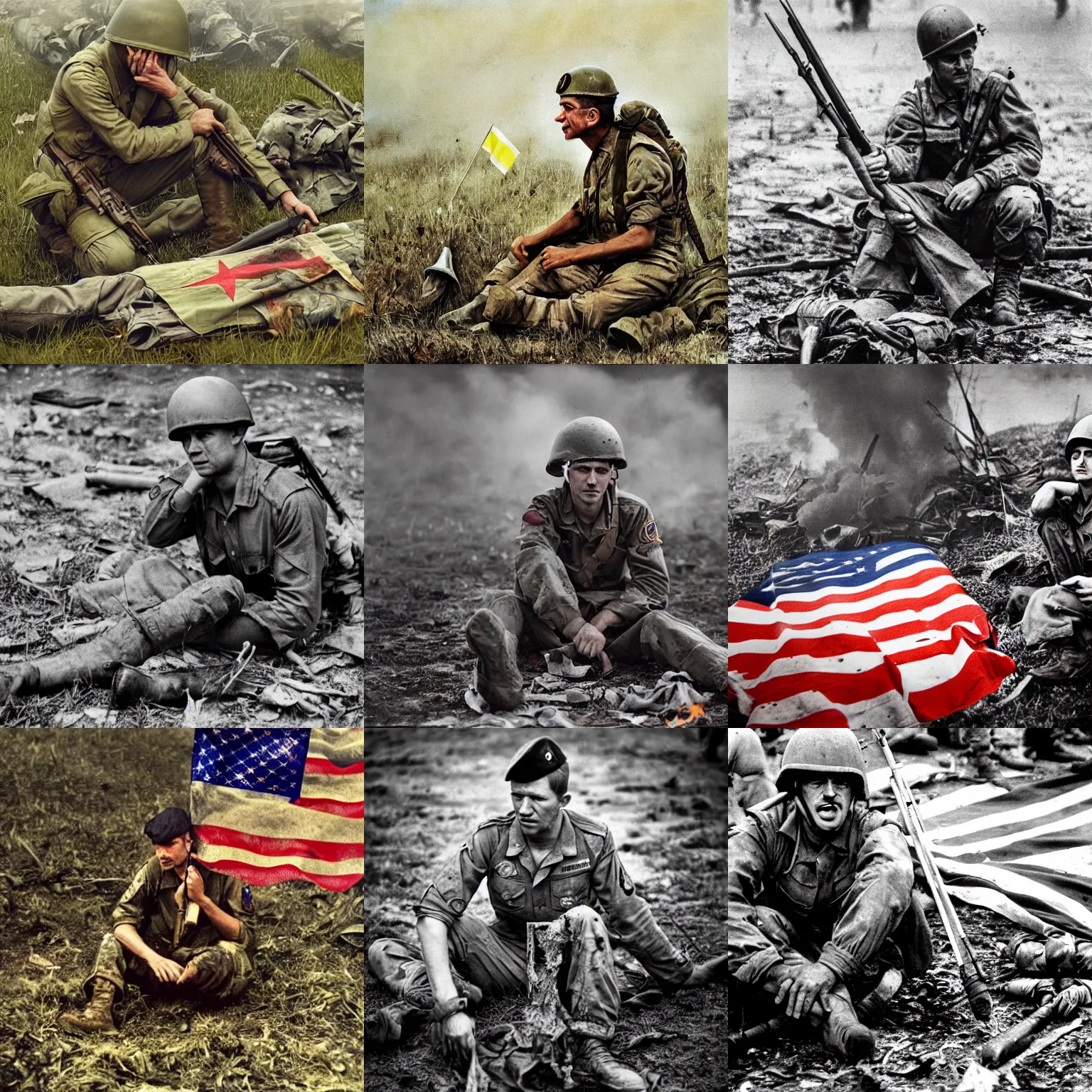 Prompt: Volodymyr Zelensky at war, dressed like a Vietnam war American soldier , sitting on the ground between dead corpses , crying and weeping, holding a half burnt flag of Ukraine, sharp focus, depth of field, hyper detailed, hyper realistic, High definition, by Robert Capa