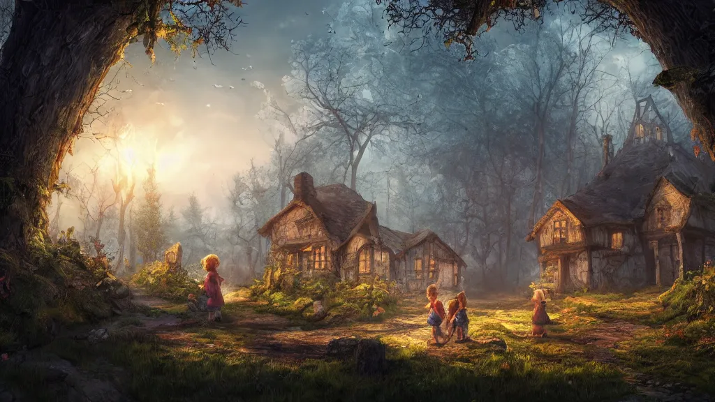 Image similar to hansel and gretel, fantasy artwork, very very very beautiful scenery, hd, hdr, ue5, ue6, unreal engine 5, cinematic 4k wallpaper, 8k, ultra detailed, high resolution, artstation, award winning