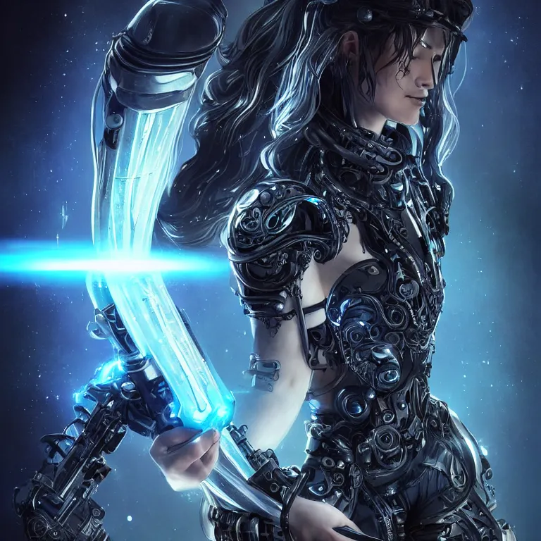 Prompt: beautiful cinematic fantasy poster, a beautiful cyberpunk cyborg with an ornate black and silver sci-fi rifle, brilliant silver flowing hair, beautiful blue glowing galaxy eyes, wideshot ultrawide angle epic scale, hybrid from The Elden Ring and art direction by Darius Zawadzki ;by artgerm; wayne reynolds art station; cinematic quality character render; low angle; ultra high quality model; production quality cinema model;