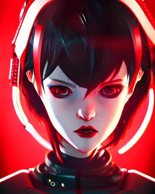 Image similar to a detailed potrait of a cyberpunk cyborg girl with black and red parts, perfect face, realistic shaded perfect face, detailed. night setting. very anime style. realistic shaded lighting poster by ilya kuvshinov katsuhiro, unreal engine, global illumination, radiant light, detailed and intricate environment