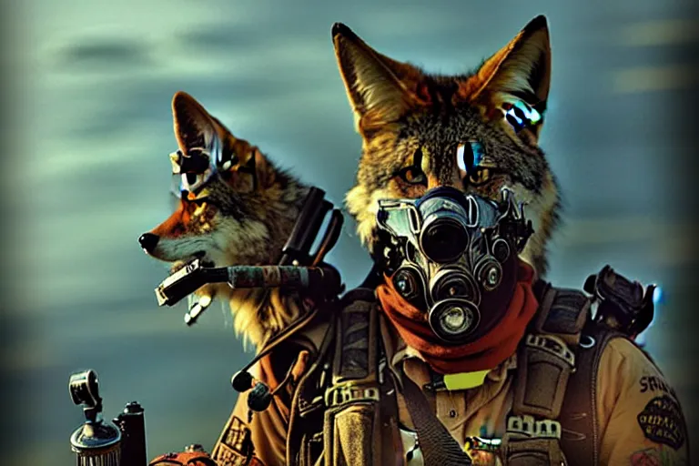 Image similar to a good ol'coyote fursona ( from the furry fandom ), heavily armed and armored facing down armageddon in a dark and gritty version from the makers of mad max : fury road. witness me.