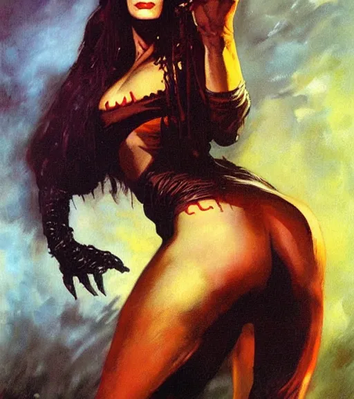 Image similar to seventies horror actress, dark night, strong line, deep color, beautiful! coherent! by brom, by frank frazetta,