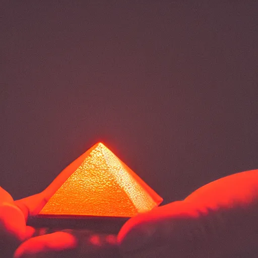 Image similar to a small glowing orange pyramid floating above an open palm, dark lighting