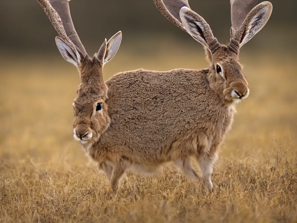 Image similar to a photograph of a jackalope grazing in a field, by national geographic, ultra real, 8 k, high resolution, golden hour, depth of field, nature photography