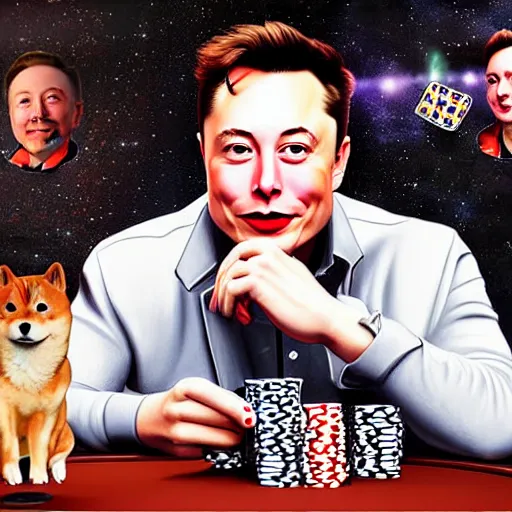 Prompt: UHD photorealistic Elon Musk playing poker with Shiba Inu hyperrealistic, correct details, cosmic dynamic lighting, symmetrical faces, accurate faces, in the style of art nouveau
