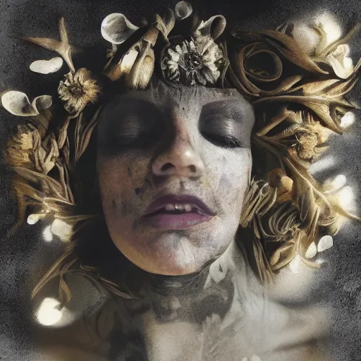 Image similar to a beautiful detailed front view portrait of a rotten woman corpse with fractal plants and fractal flowers growing around, volumetric light, beautiful lit, polaroid photography