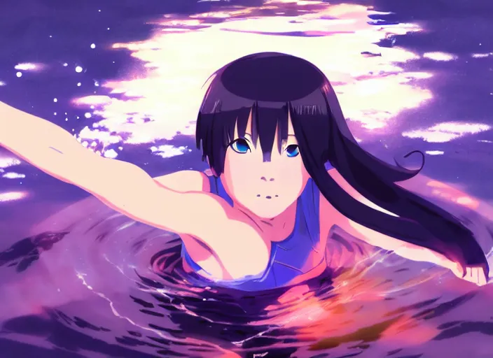 Image similar to portrait of hinata training in a pond at night, rule of thirds, illustration concept art anime key visual, trending pixiv fanbox by wlop and greg rutkowski and makoto shinkai and studio ghibli and kyoto animation