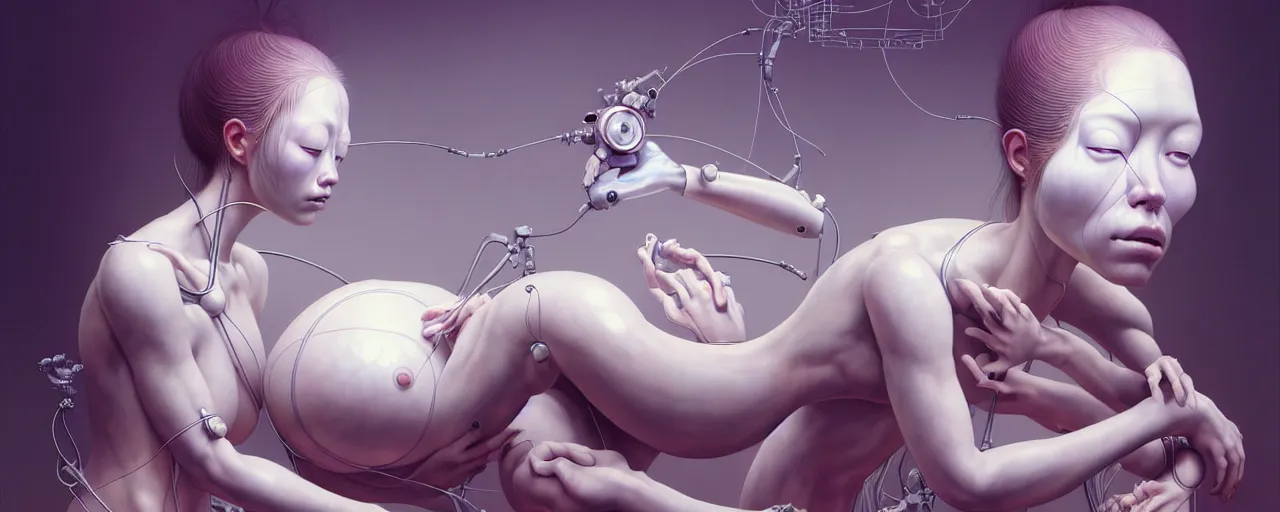 Prompt: hyperrealistic photography of a gorgeous female scientist constructing a birthing machine in the style of jin kagetsu, james jean, chris cunningham, hans bellmer and wlop, highly detailed, face symmetry, masterpiece, award - winning, sharp focus, intricate concept art, ambient lighting, 8 k, artstation