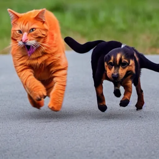 Prompt: a giant orange cat chasing after a little puppy dog