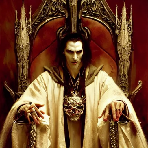 Image similar to perfectly centered portrait of attractive vampire king in a robe sitting on a throne of bones, highly detailed painting by gaston bussiere, craig mullins, j. c. leyendecker, 8 k