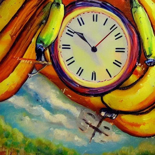 Prompt: oil painting impressionist stopwatch clock and banana arrow flying through the air, ( bugs flies buzzing around ), whimsical, detailed,