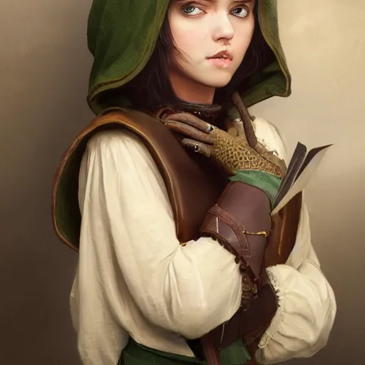 Image similar to a beautiful woman, beauty, high cheek bones, half onesided smile, mischievous, bard, brown hair, messy hairstyle, short hair, cream colored peasant shirt, brown pants, leather boots, dark green cloak, round hood, elf ears, youthful, white background, proportionate, by Greg Rutkowski and Tony Sart, trending on artstation, realistic, highly detailed, masterpiece