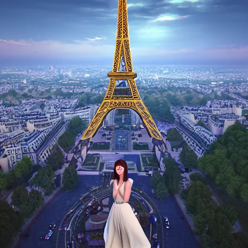 Image similar to A young beautiful giantess wearing a sundress standing near the Eifel tower, beautiful lighting,digital art , highly detailed , high contrast, beautiful lighting, award winning , trending on art station, 8k, photorealistic,unreal engine 5