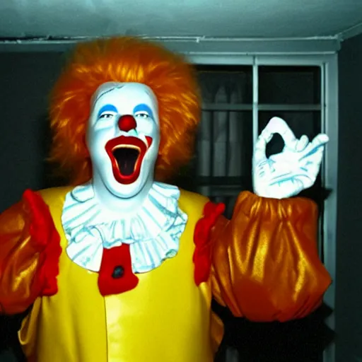 Image similar to creppy 2 0 0 1 photo of ronald mcdonald screaming in a dark room