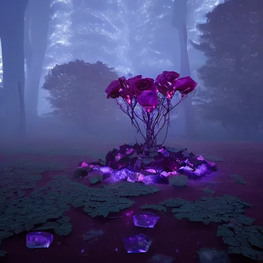 Image similar to one glowing crystalized in the dark rose forest with a rose path that has glowing ovules and lava crystallized ginger by blizzard style artstation trending, magical light fog, night time, low light, volumetric lighting, ue 4, zbrush, marmoset toolbag