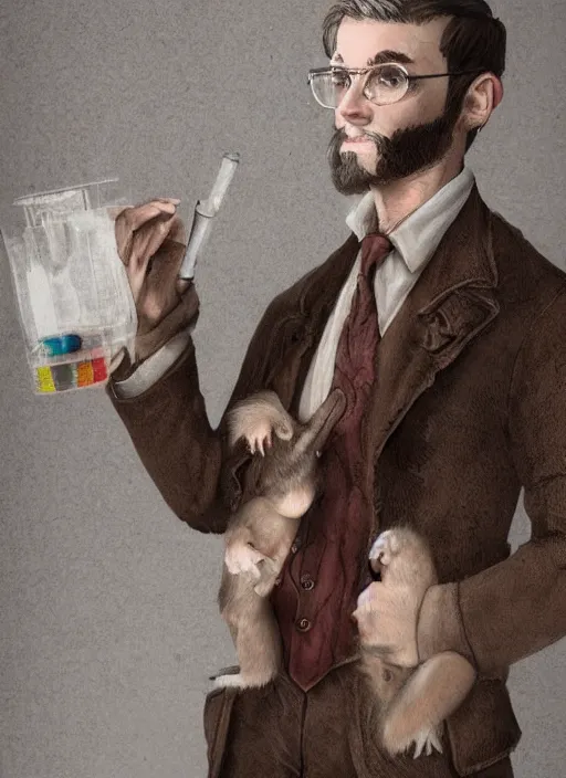 Prompt: portrait of a pet rat dressed as an english professor, standing in a chemistry lab, digital art, artstation