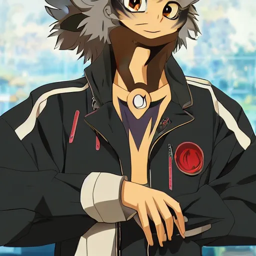 Image similar to key anime visual portrait of an anthropomorphic anthro wolf fursona, in a jacket, with handsome eyes, official modern anime art