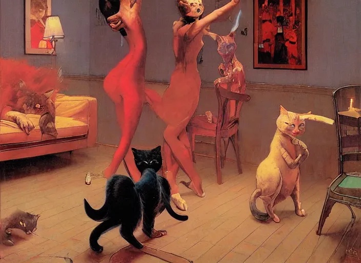 Prompt: beautiful picture of cats dancing in the apartment by candlelight, surreal, norman rockwell and james jean, greg hildebrandt, and mark brooks, triadic color scheme, by greg rutkowski, in the style of francis bacon and syd mead and edward hopper and norman rockwell and beksinski