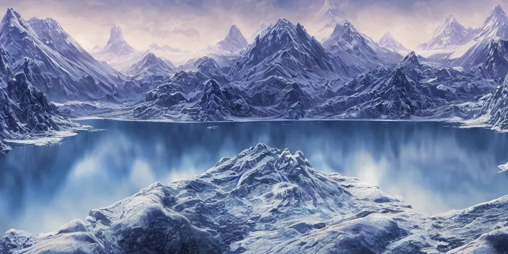 Image similar to a hyper realistic professional photographic view picture of a heavenly snow mountain with a dark blue lake in front of it, photographic filter unreal engine 5 realistic hyperdetailed 8k ultradetail cinematic concept art volumetric lighting, fantasy artwork, very beautiful scenery, very realistic painting effect, hd, hdr, cinematic 4k wallpaper, 8k, ultra detailed, high resolution, artstation trending on artstation in the style of Albert Dros glowing rich colors powerful imagery nasa footage drone footage drone photography