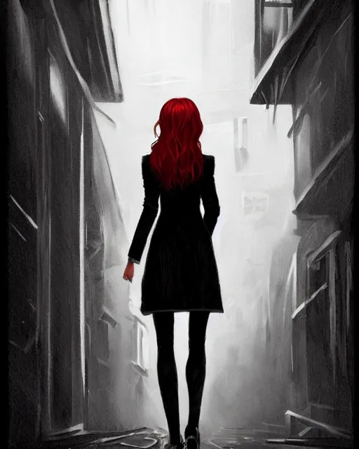 Prompt: A ultradetailed beautiful portrait painting of a mysterious redhaired woman in a trenchcoat walking through a dark alley at night. concept art, trending on deviantart, film noire, Ilya Kuvshinov.