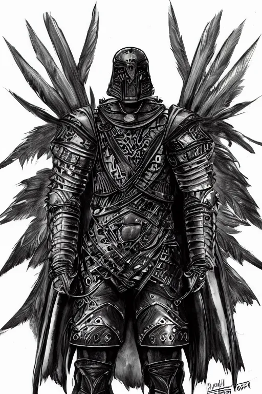 Image similar to armoured human, crow armour, symmetrical, highly detailed, digital art, black feathers, sharp focus, trending on art station, kentaro miura manga art style