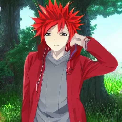 Image similar to red - haired anime boy, 1 7 - year - old anime boy with wild spiky hair, wearing red jacket, standing under tree house in city plaza,, ultra - realistic, sharp details, subsurface scattering, intricate details, hd anime, 2 0 1 9 anime